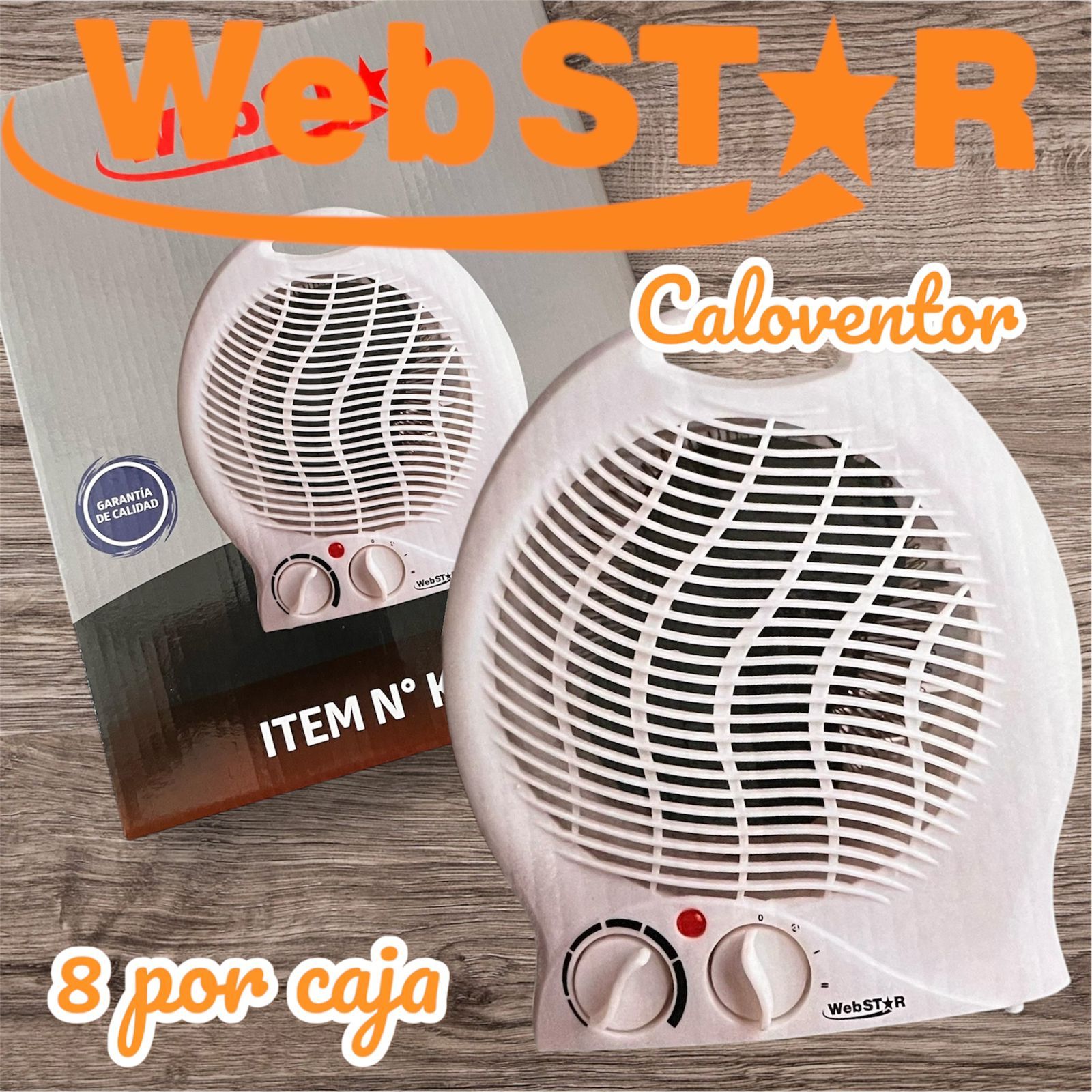 Dos calefactores Web Star Caloventor blancos en su embalaje original sobre una superficie de madera.