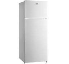 Refrigerador blanco con congelador superior sobre un fondo liso.