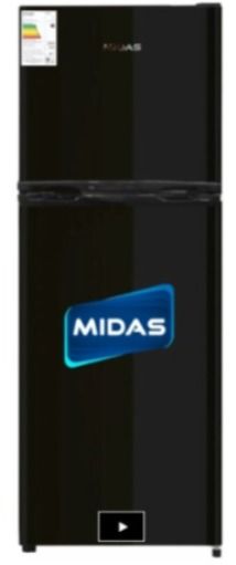 Frigorífico MIDAS negro de dos puertas con logotipo azul en la puerta inferior.