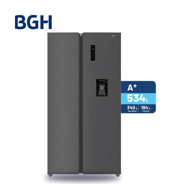 Frigorífico BGH gris oscuro de dos puertas con etiqueta energética A+ sobre fondo blanco.