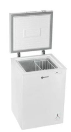 Congelador horizontal blanco con la tapa abierta, mostrando el interior vacío.