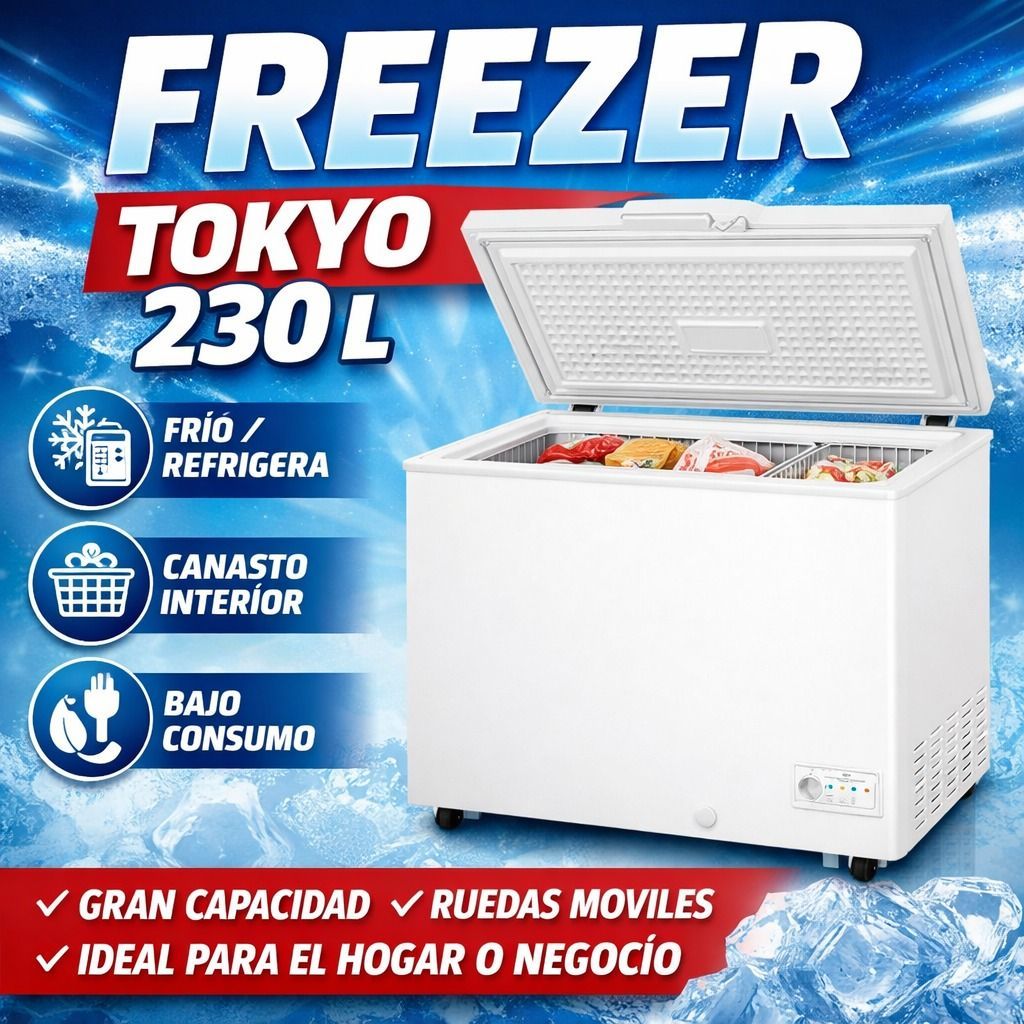 Congelador blanco de 230 litros con la tapa abierta sobre un fondo publicitario azul, con la etiqueta 