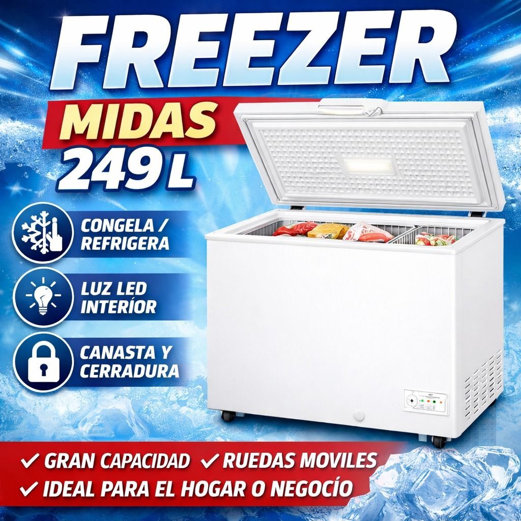 Freezer blanco Midas 249L con tapa abierta, luces LED y ruedas, sobre fondo azul.