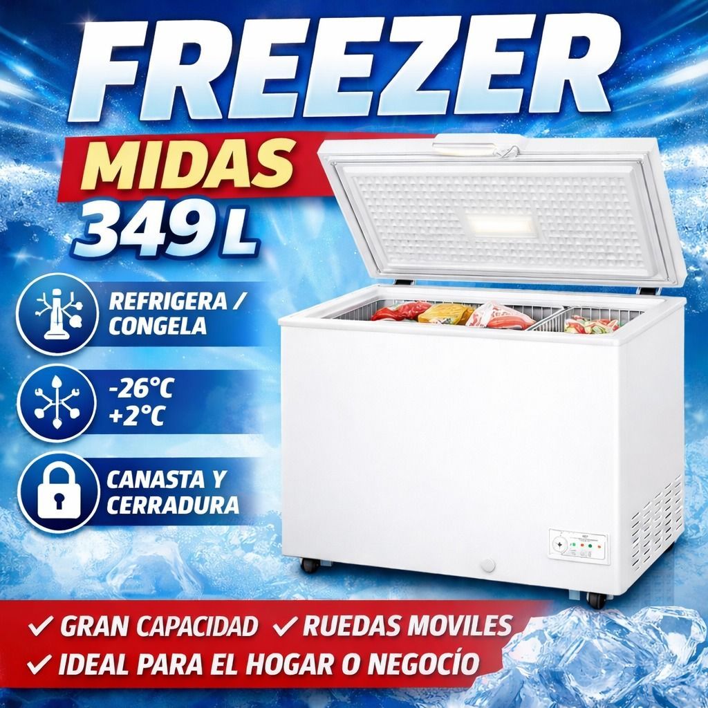 Anuncio promocional de un congelador con un congelador horizontal blanco, fondo azul y el texto 