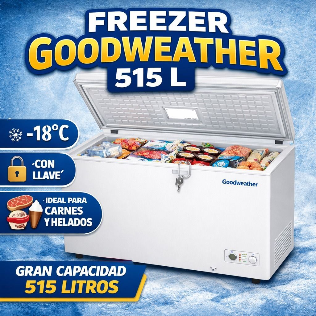 Anuncio de congelador Goodweather de 515 litros, congelador horizontal blanco abierto con helado, fondo azul, -18 °C y texto 