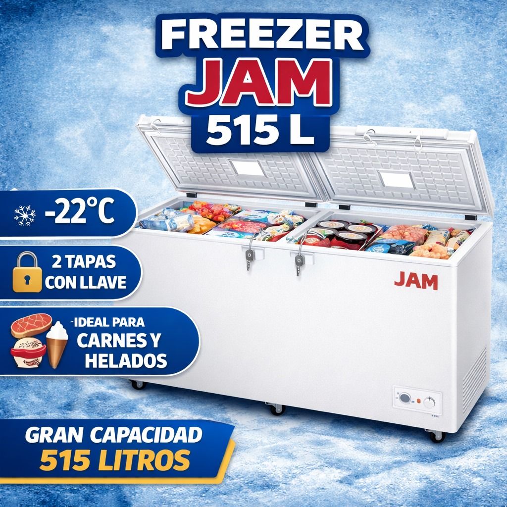 Congelador tipo arcón blanco JAM 515L, tapa abierta, alimentos congelados en el interior, -22°C, 2 tapas, 515 litros.