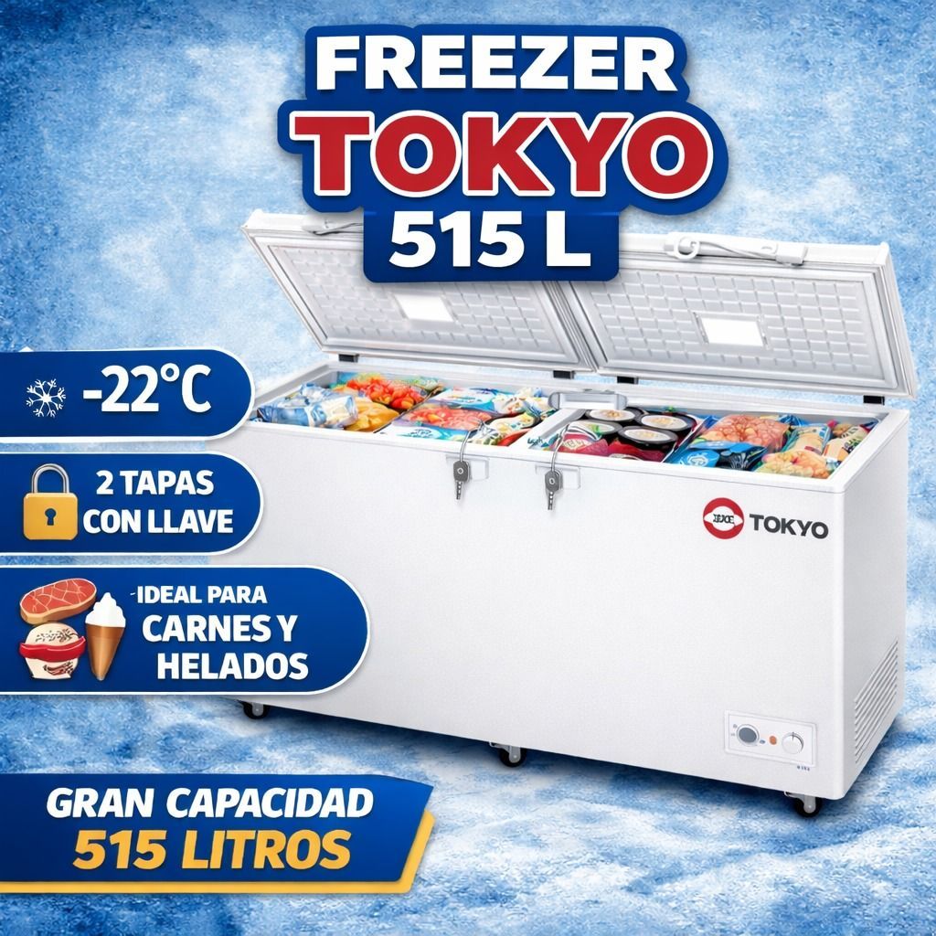 Congelador horizontal Tokyo blanco de 515 litros sobre fondo azul hielo, abierto con alimentos, mostrando -22 °C y tapa con doble cierre.
