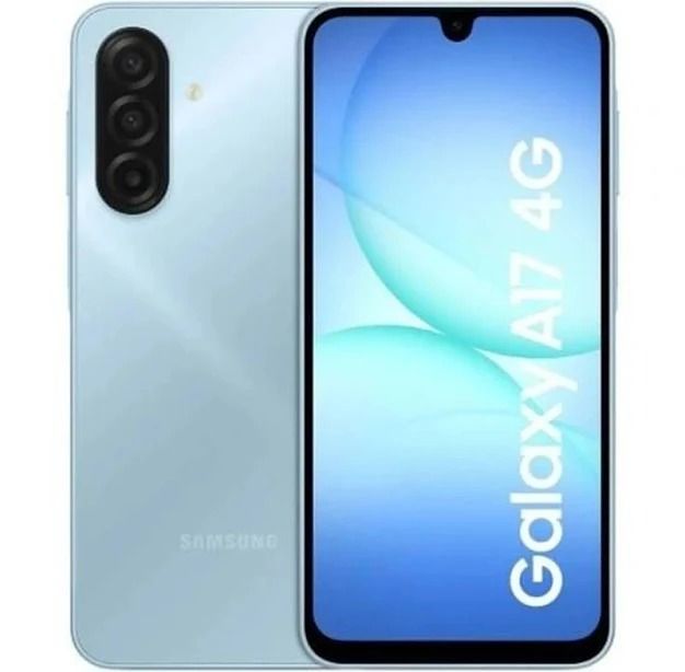 El smartphone Samsung Galaxy A17 4G se muestra por delante y por detrás en color azul claro.