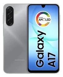 Smartphone Samsung Galaxy A17, vistas frontal y trasera en color plata con pantalla AMOLED.
