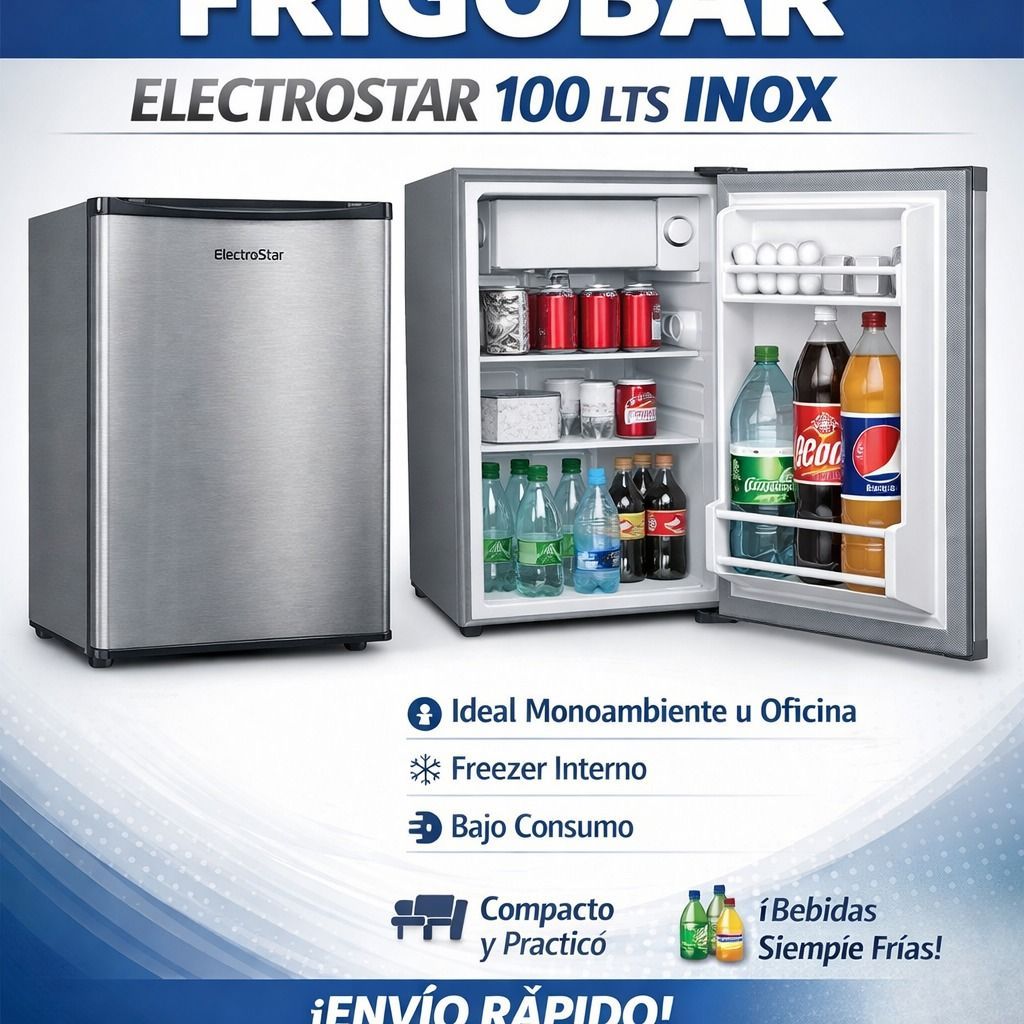 Publicidad de frigobar blanco y abierto, modelo Electostar 100 litros inox, con bebidas y alimentos visibles.