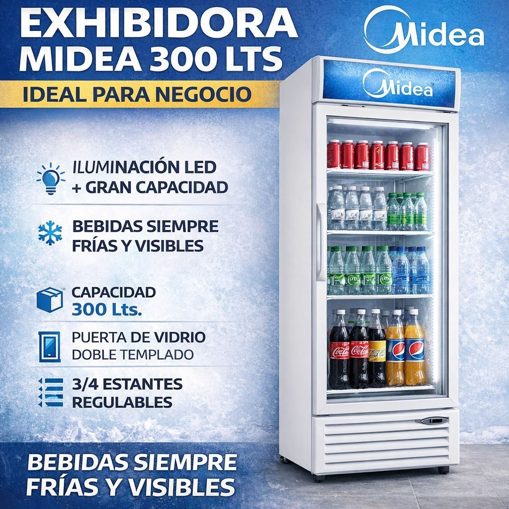 Enfriador de bebidas Midea de 300 litros con puerta de cristal, iluminación LED, estantes ajustables y bebidas visibles en el interior.