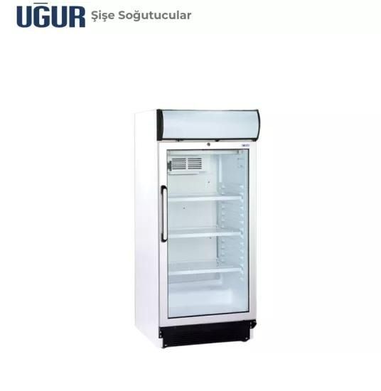 Refrigerador expositor blanco con puerta de cristal Uğur sobre fondo liso