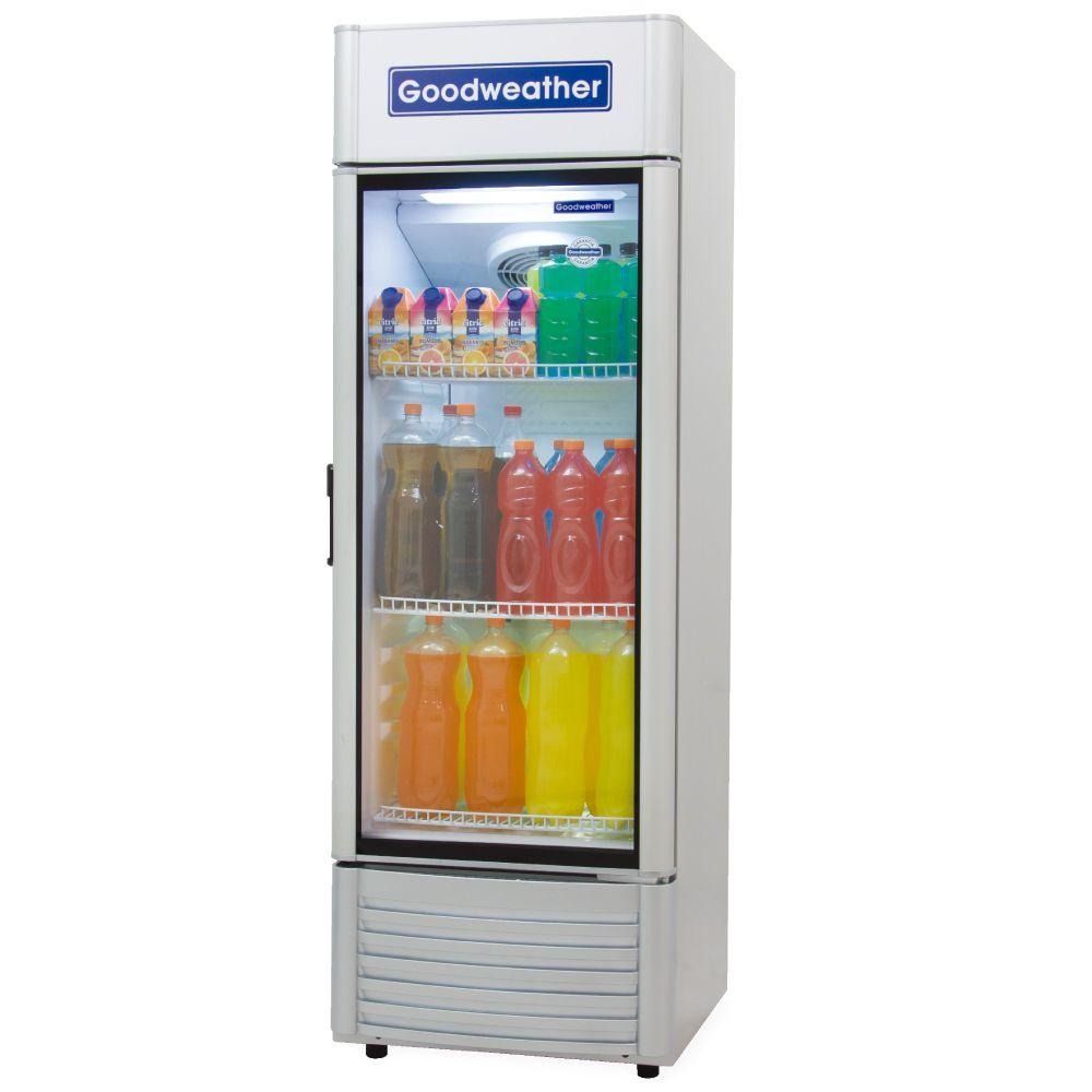 Nevera Goodweather con una variedad de bebidas coloridas detrás de una puerta de cristal.