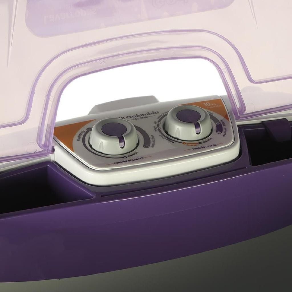 Estuche de plástico morado con dos esferas plateadas bajo una tapa transparente.