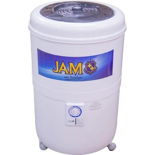 Lavadora de carga superior blanca con panel con el logotipo azul de JAM y selector de control redondo.