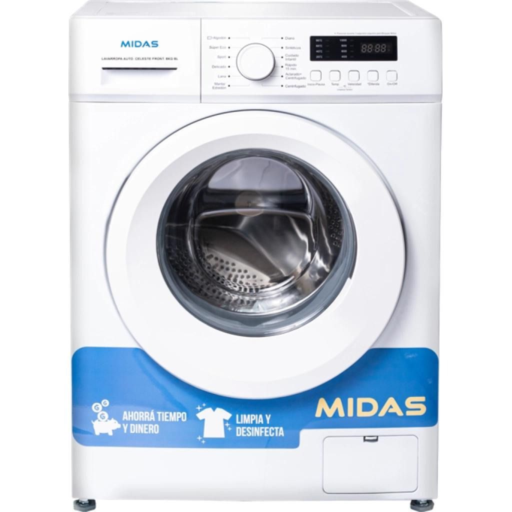 Lavadora Midas blanca de carga frontal con pantalla digital y panel azul con diseño de detergente.