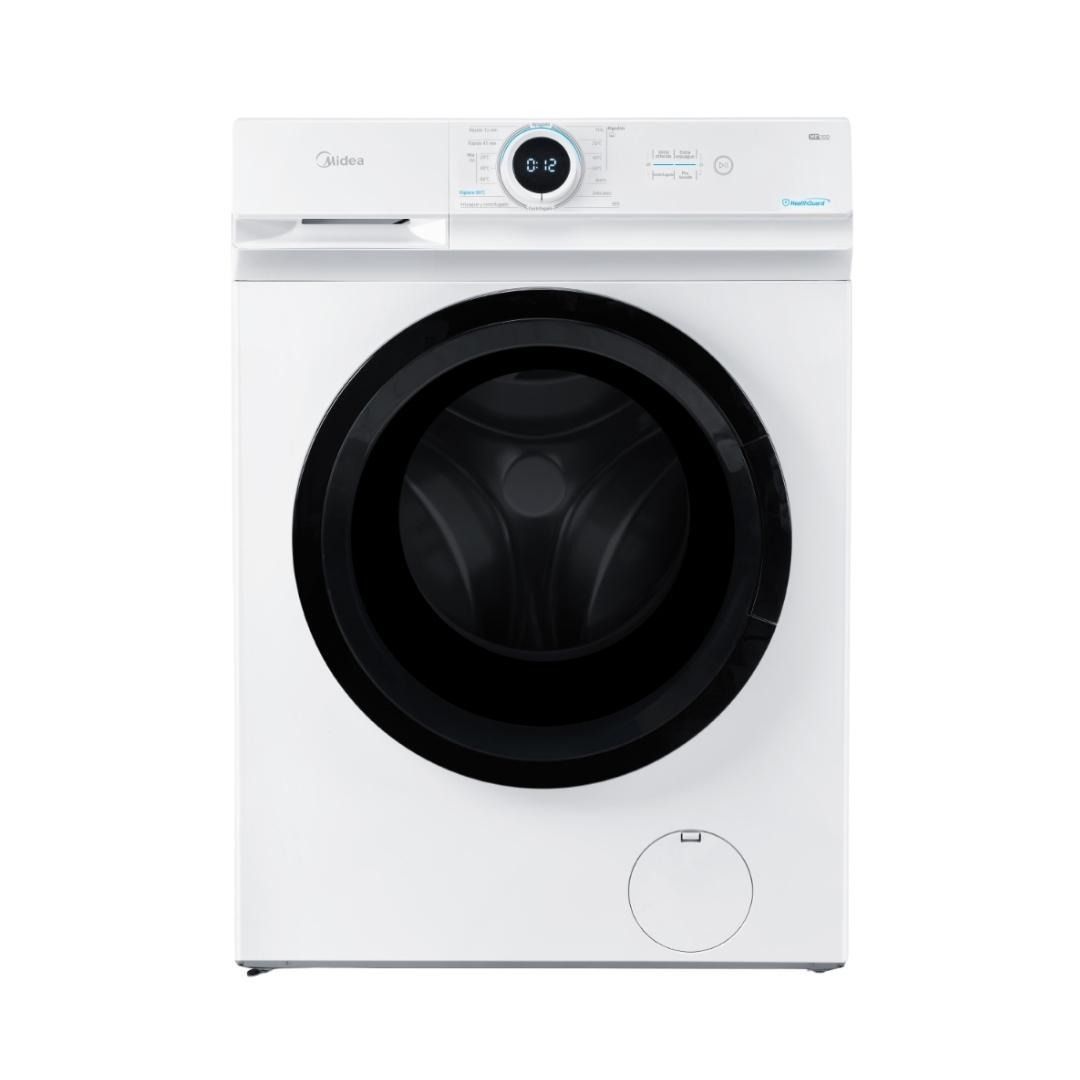 Lavadora de carga frontal blanca con puerta negra y panel de control digital.