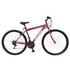 Bicicleta de montaña azul y negra sobre fondo blanco