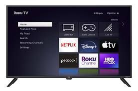Pantalla de inicio de Smart TV con iconos de aplicaciones y miniaturas de vídeo sobre una interfaz de color morado oscuro.