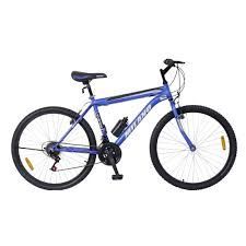 Bicicleta de montaña morada sobre fondo blanco