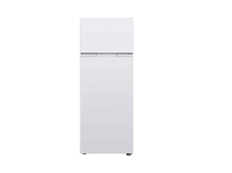 Refrigerador blanco con congelador superior sobre un fondo liso.
