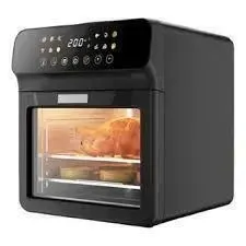 Horno freidora de aire de sobremesa negro con controles digitales, que permite cocinar los alimentos en el interior a través de la puerta de cristal.