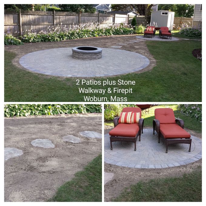 Patio with stone firepit and two red chairs; walkway pavers in a landscaped backyard.