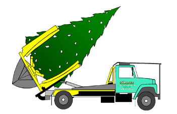Garbage truck dumping a large green Christmas tree from its lifted bed