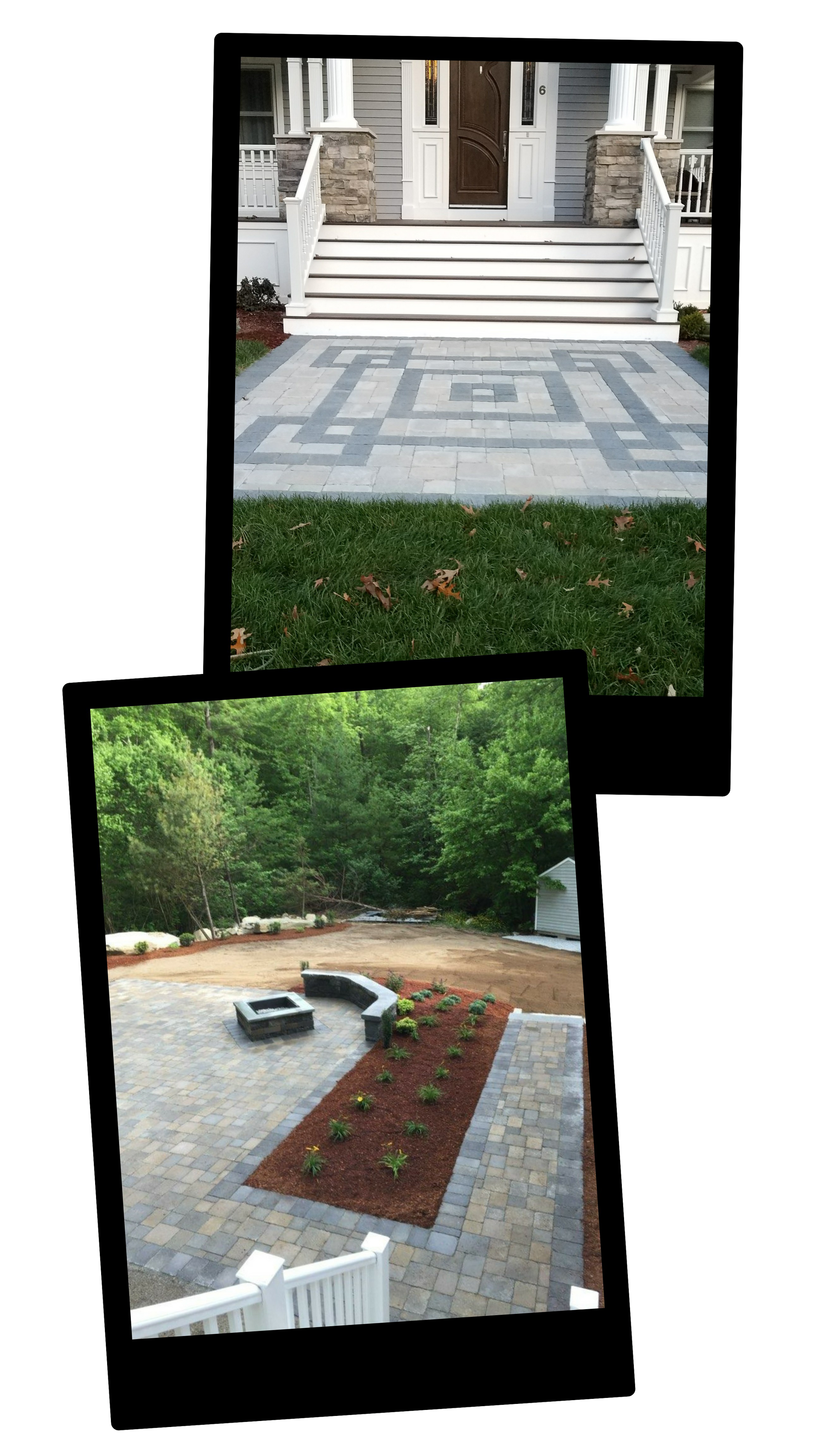 Two landscape photos showing decorative front-yard paving and stone paths near a house.