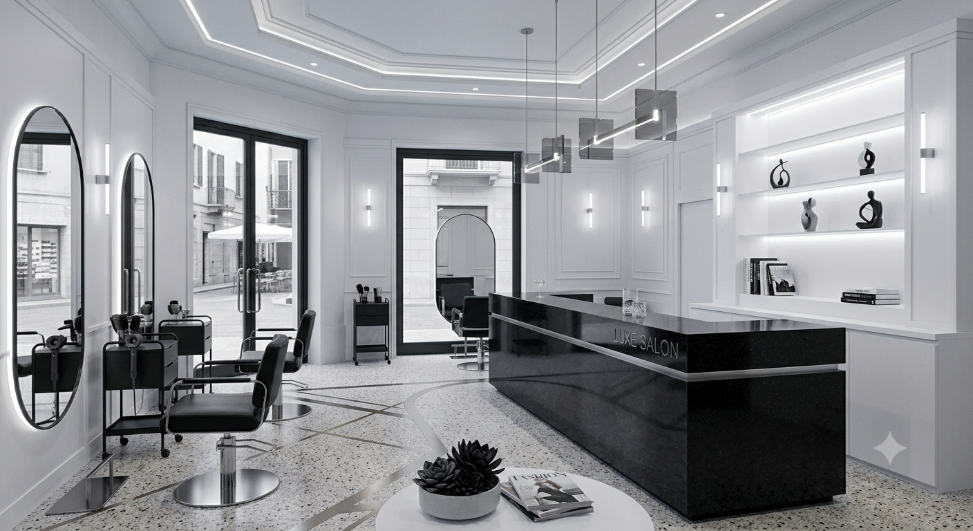 Salone moderno in bianco e nero con poltrone da parrucchiere, postazioni con specchio e reception centrale.