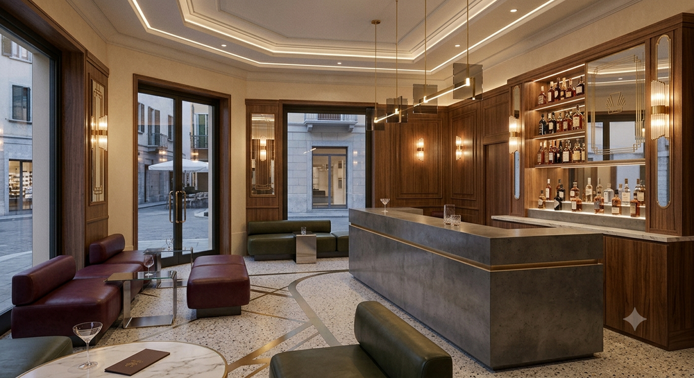 Elegante hall d'albergo con pavimento in marmo, bancone della reception in pietra e calda illuminazione in legno e oro.