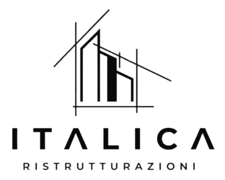 Logo con casa stilizzata nera e testo “ITALICA RISTRUTTURAZIONI” in bianco e nero.