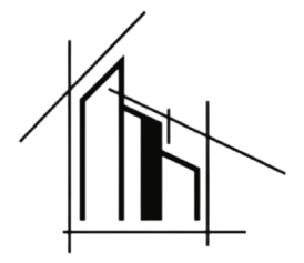 Logo astratto in stile line art nera con forme angolari di edifici e linee diagonali su sfondo bianco.
