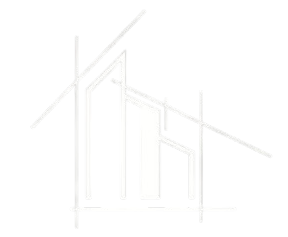 Disegno astratto di una struttura simile a una casa, con travi del tetto inclinate e pilastri verticali.