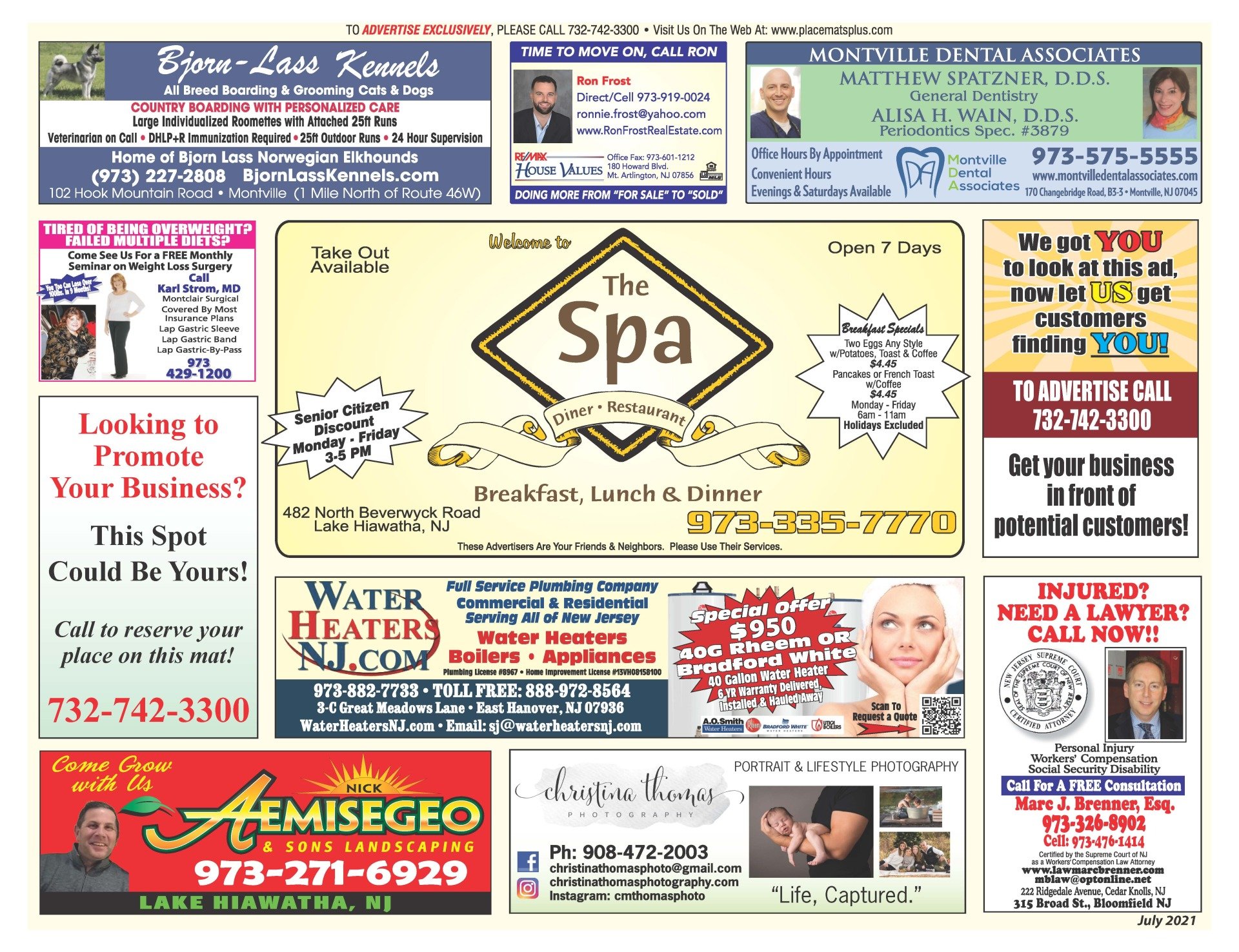 Diner Placemat Advertising Northern, NJ Placemats Plus Service