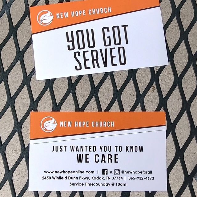 Two business cards that say you got served and just wanted you to know we care
