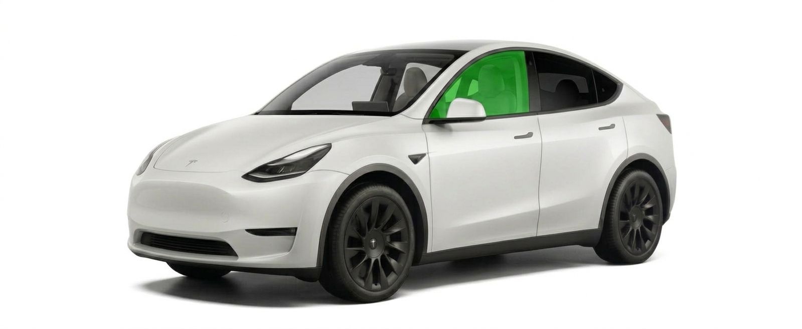 White sports car with black wheels and green interior on a white background