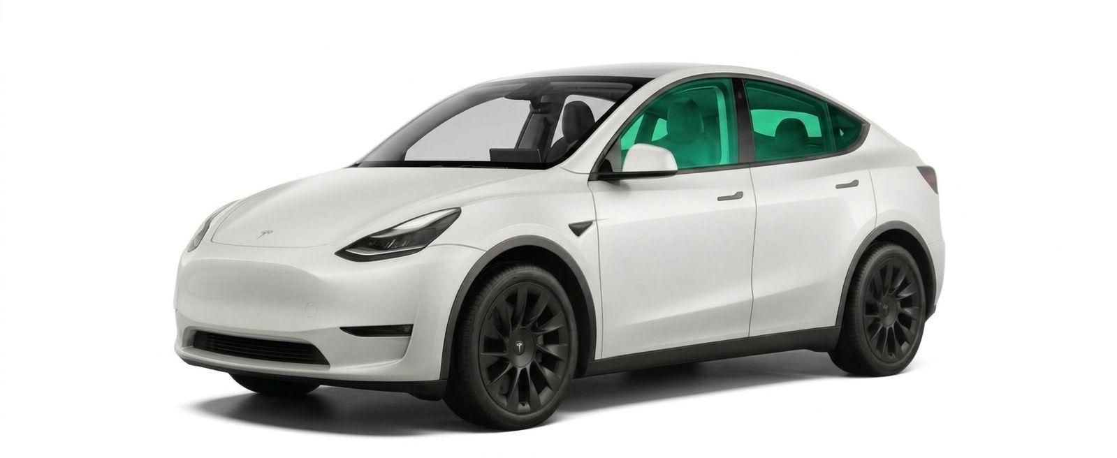 White sports car with black wheels and neon green interior on a white background