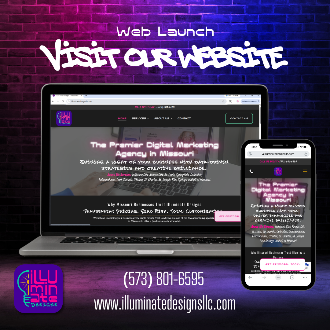 A digital marketing agency web launch advertisement featuring a laptop and smartphone displaying their website.