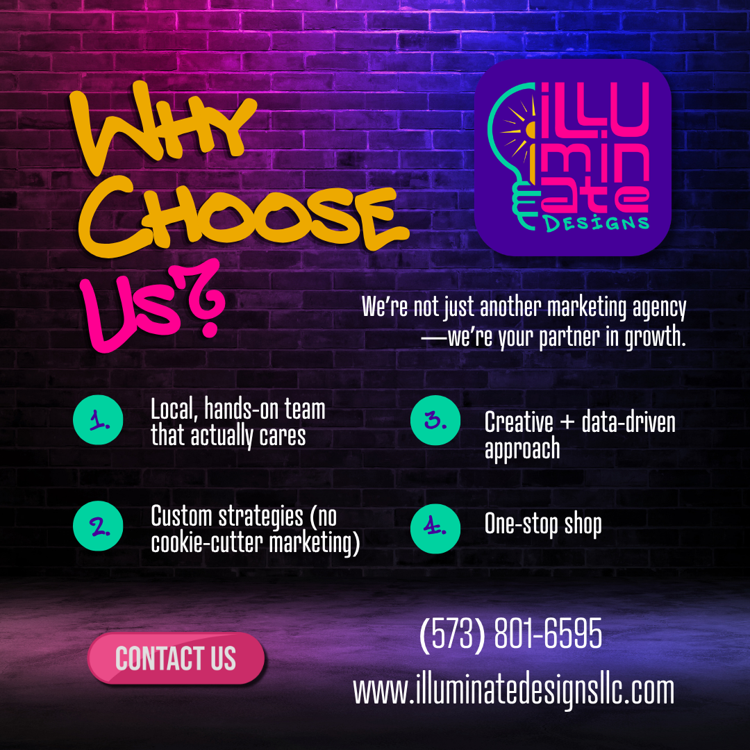 An advertisement for Illuminate Designs, featuring four growth points against a purple-lit brick background.