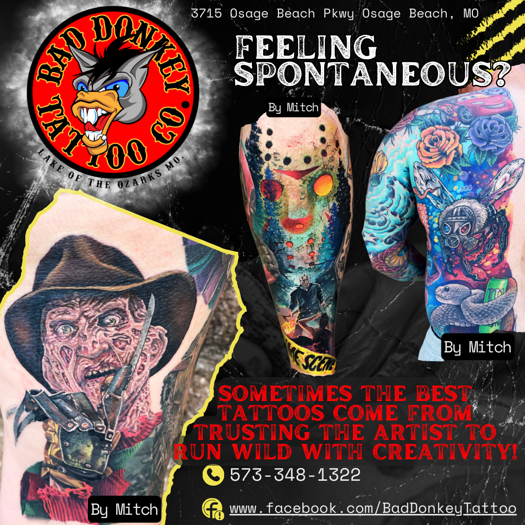 Bad Donkey Tattoo Co. promo featuring colorful horror-themed tattoos, contact info, and