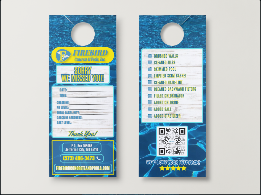 Door hangers for Firebird Concrete & Pools featuring