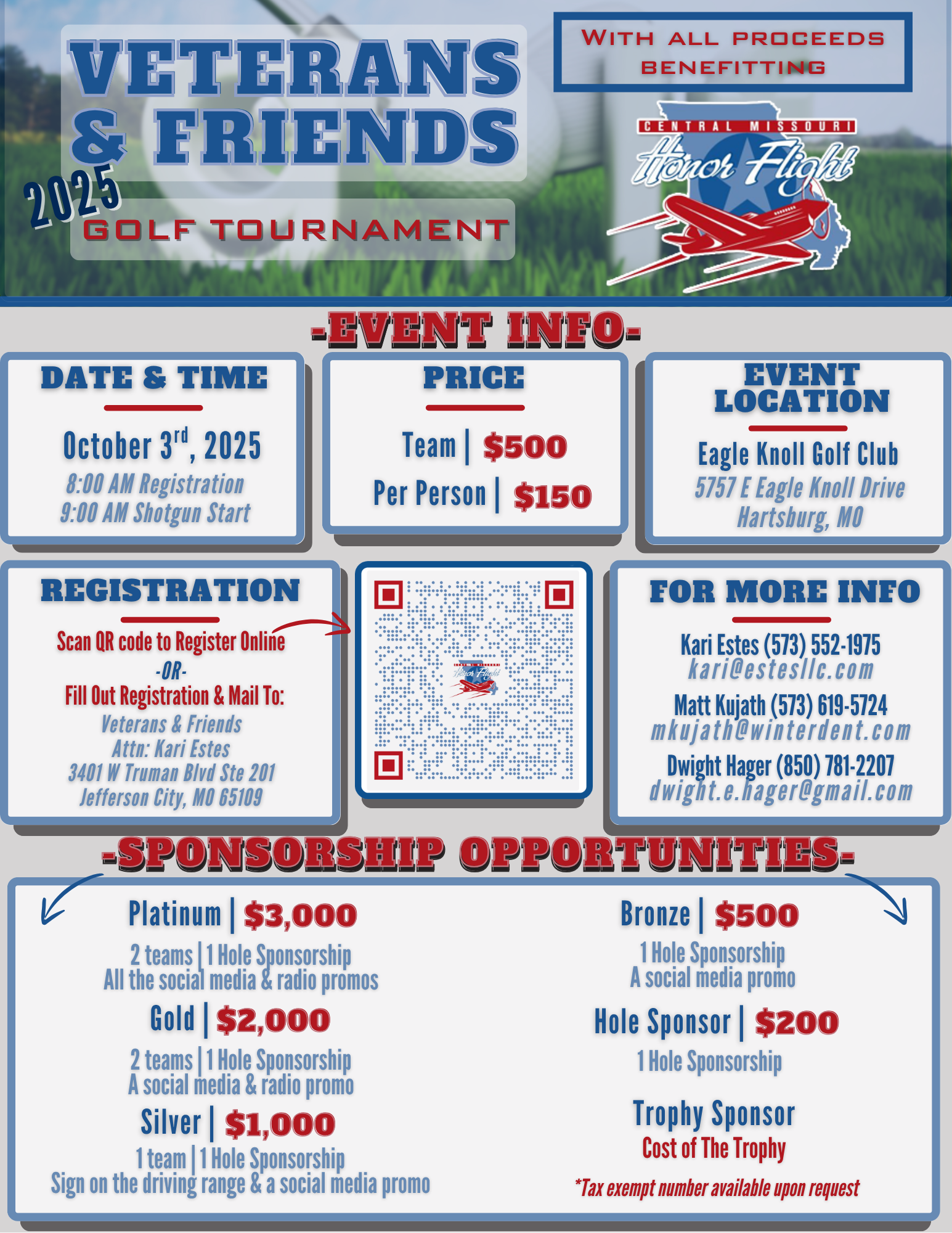 Flyer for the 2025 Veterans & Friends Golf Tournament on October 3rd at Eagle Knoll Golf Club, including registration info.