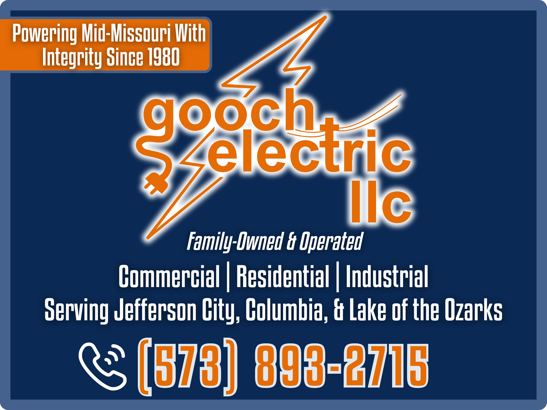 Gooch Electric LLC logo with contact info, services, and locations served, featuring orange text on a dark blue background.