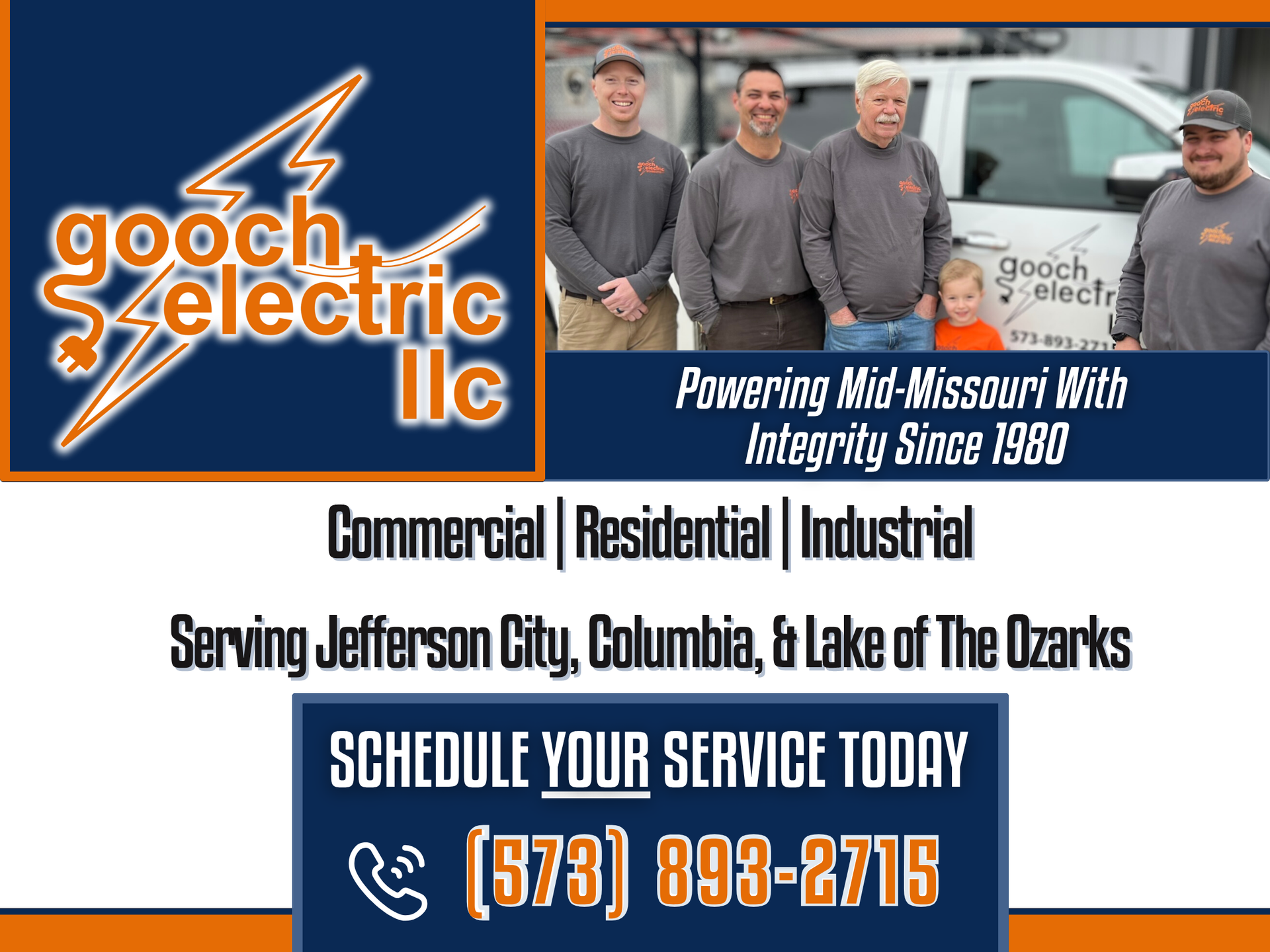 Ad for Gooch Electric LLC, featuring staff, contact info, and services offered in Mid-Missouri. Call (573) 893-2715.