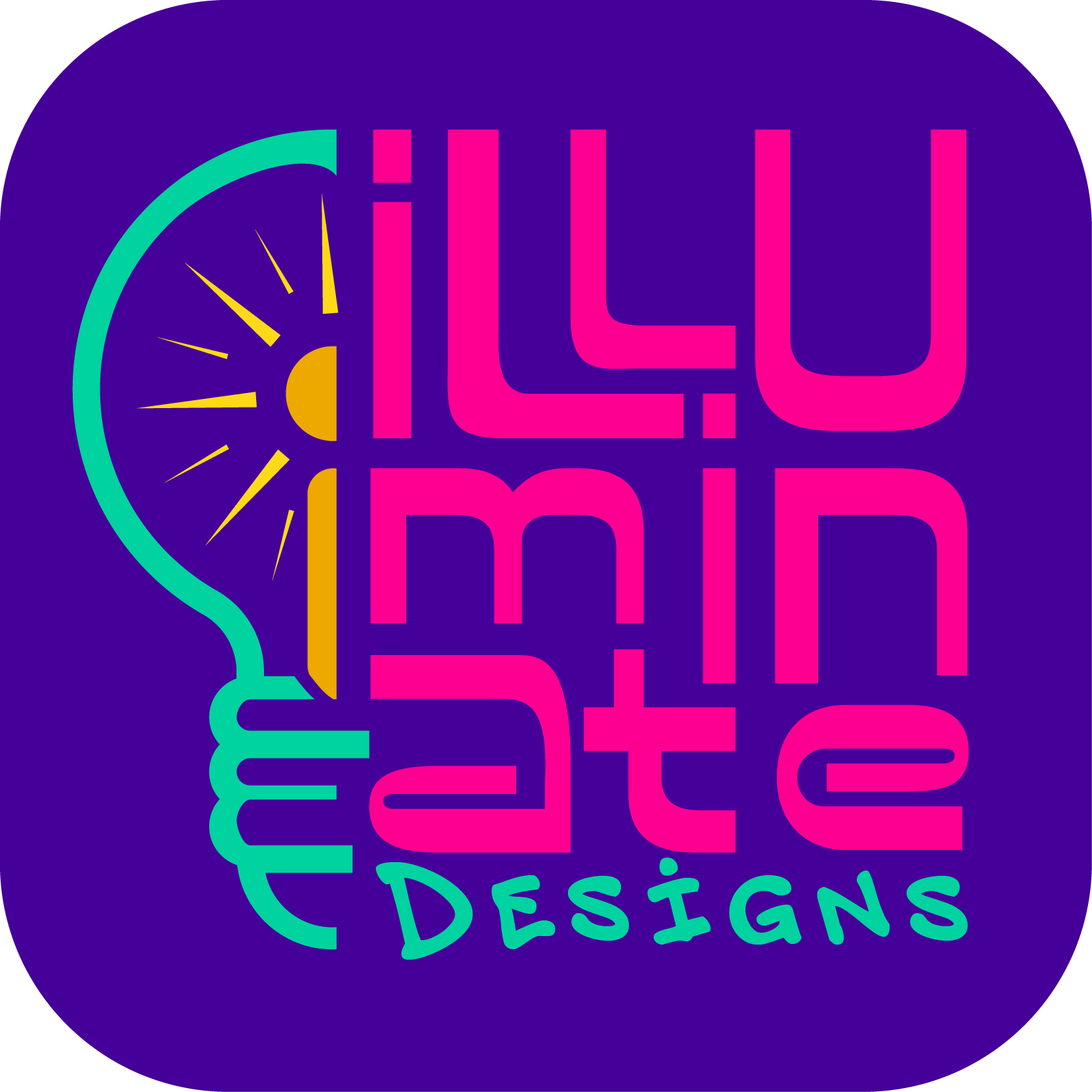 A logo with a teal lightbulb outline, a yellow sun, and the words
