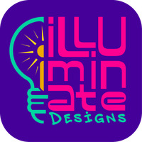 A logo with a teal lightbulb outline, a yellow sun, and the words