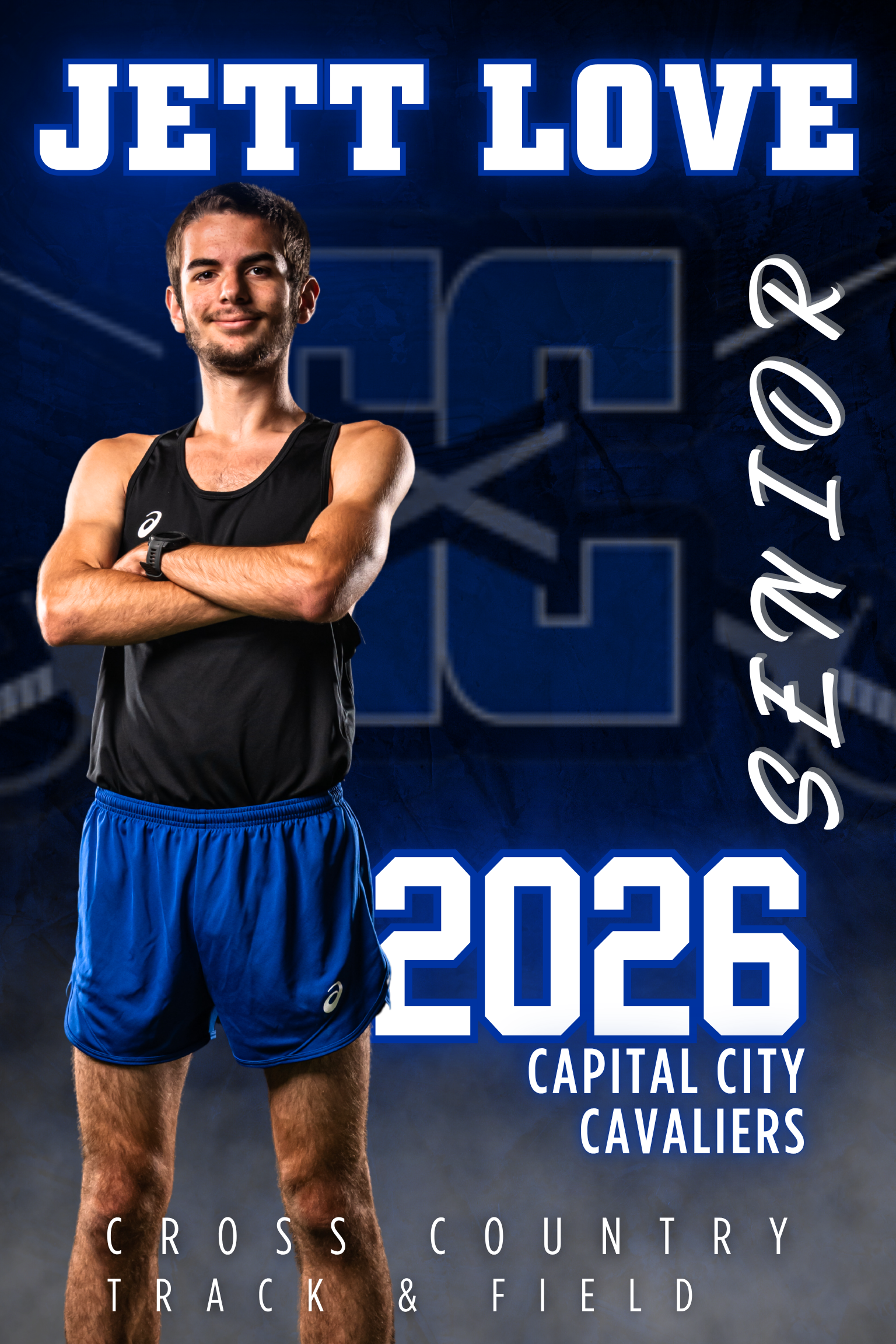 Jett Love, a Capital City Cavaliers cross country and track athlete, poses for a senior portrait against a blue background.