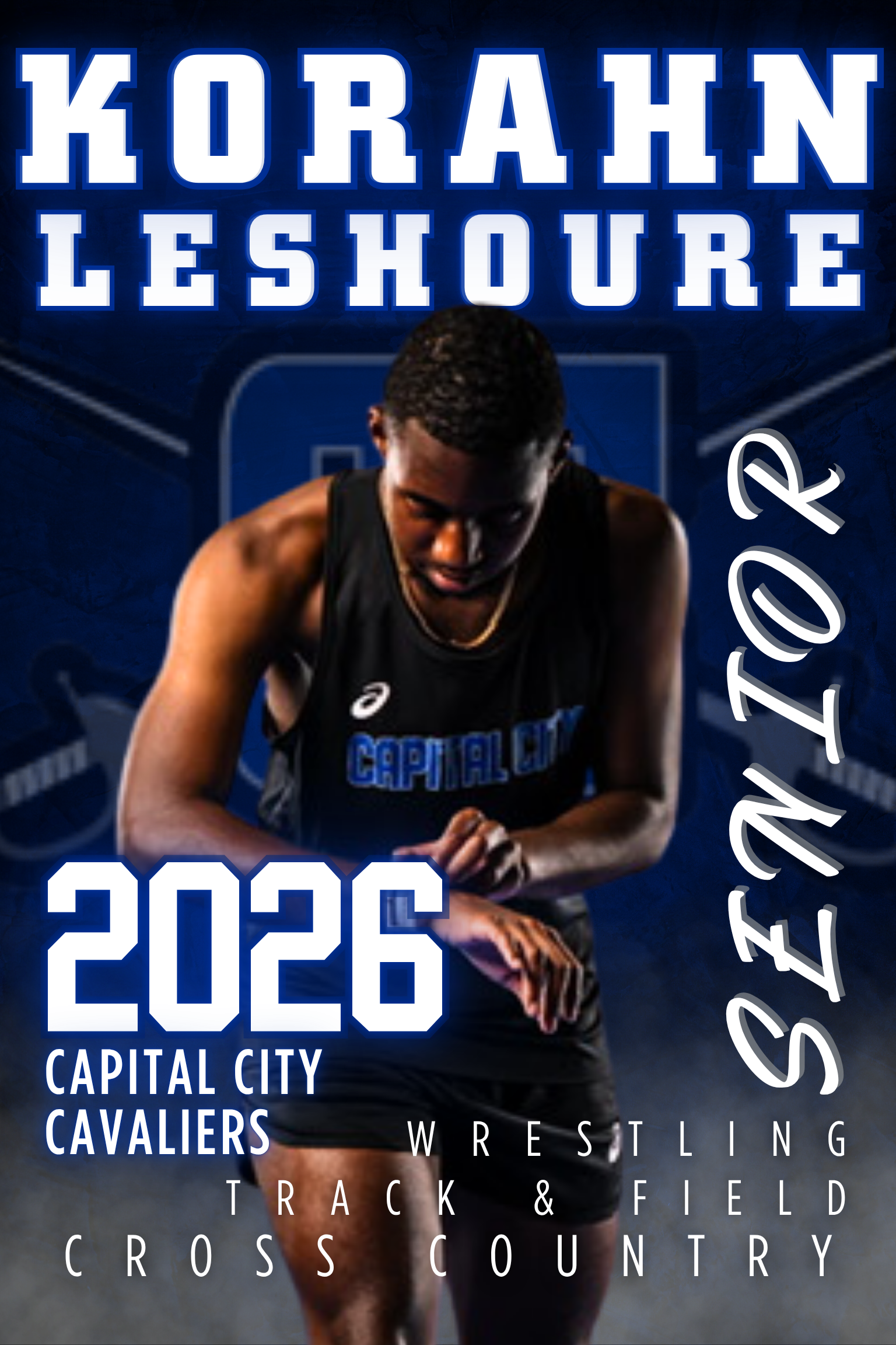 Senior athlete Korahn Leshoure of the Capital City Cavaliers, posing in a dark sports uniform against a blue background.