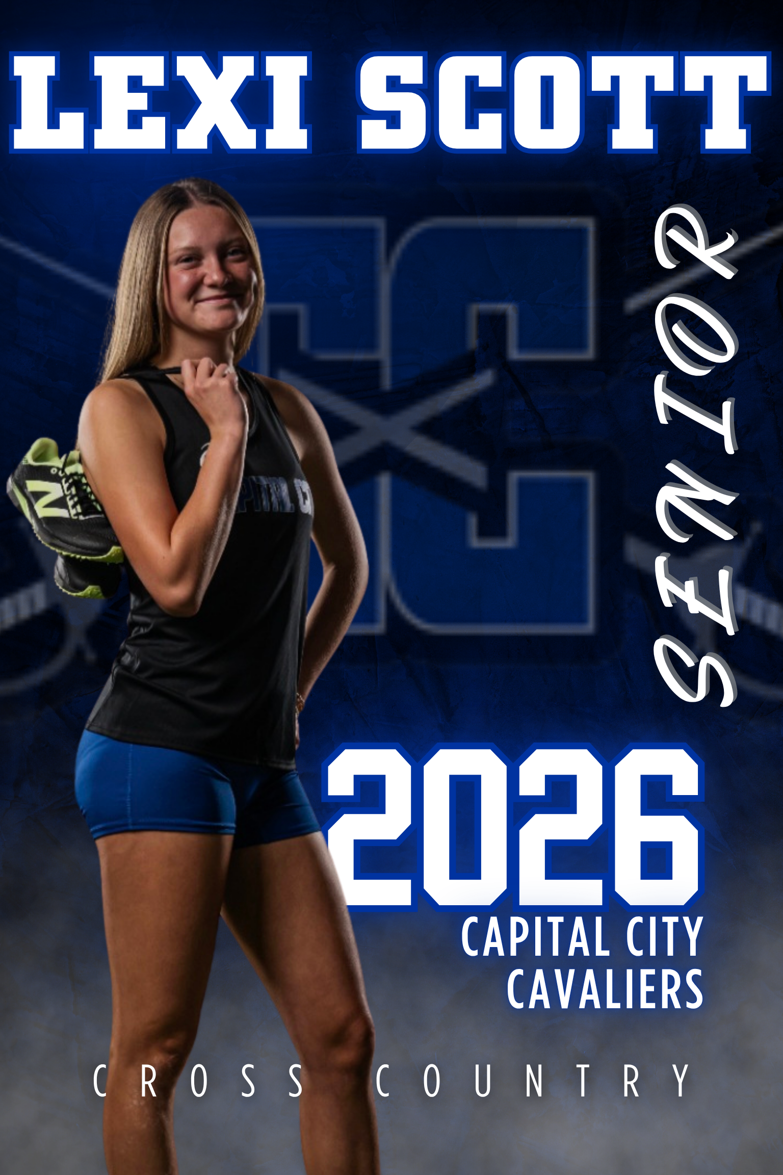 A senior athlete named Lexi Scott, a Capital City Cavaliers cross country runner, posing against a blue branded background.